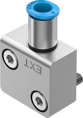 Silberner pneumatischer Verbinder mit blauer Kappe, markiert mit 'EXT', von der Firma Festo.