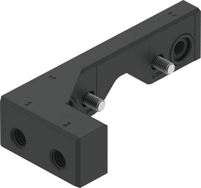 Ein schwarzes, L-förmiges Maschinenteil mit zwei Gewindeschrauben und Löchern, erkennbar für mechanische oder industrielle Anwendungen.