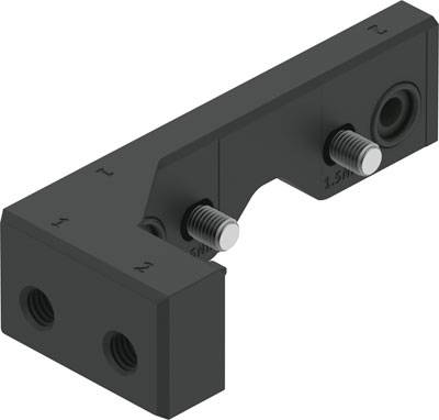 Eine schwarze, L-förmige Metallhalterung mit herausragenden Schrauben an den Seiten. Eignet sich zur Befestigung oder Stabilisierung.