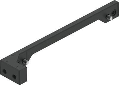 L-förmiger, schwarzer Metallarm mit zwei Befestigungslöchern an jedem Ende, eingesetzt für Montage oder strukturelle Unterstützung.