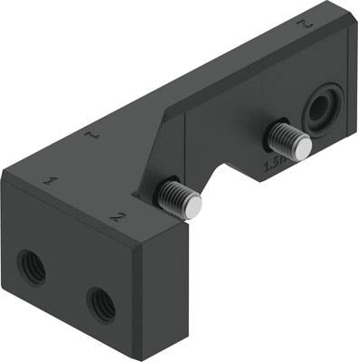 Metallwinkelstück mit Gewindebolzen, zwei Bohrungen auf jeder Seite. Wird häufig in Maschinenbauanwendungen zur Verbindung verwendet.