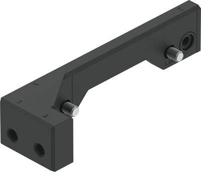 Ein rechteckiger, dunkler Metallwinkel mit mehreren Bohrungen und Schrauben, verwendet zur Befestigung oder Verbindung von Strukturen.