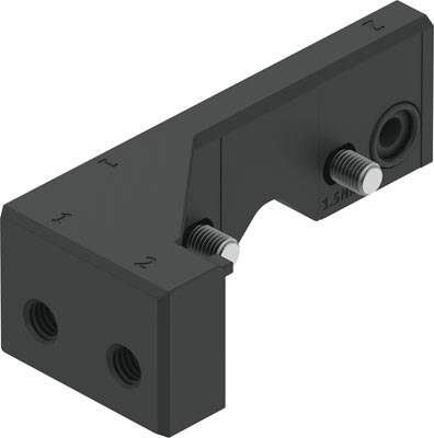 Ein schwarzes, L-förmiges Metallteil mit Schraubenlöchern und zwei sichtbaren Schrauben. Geeignet für Montage- oder Verbindungszwecke.