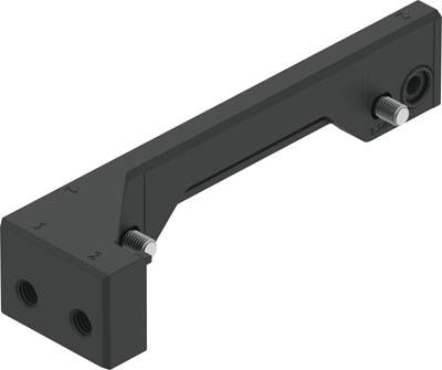 Ein L-förmiges Bauteil aus Metall mit zwei Schrauben und Löchern. Es dient zur Befestigung oder als Haltewinkel in mechanischen Konstruktionen.