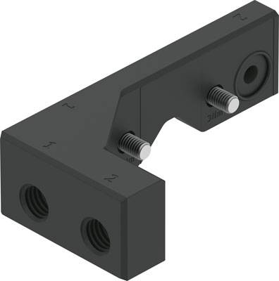 Eine schwarze Metallhalterung in L-Form mit vier Gewindebohrungen und zwei herausstehenden Schrauben, geeignet für mechanische Anwendungen.