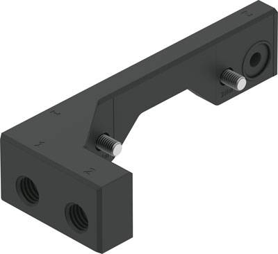 Ein schwarzes L-förmiges Kunststoffteil mit zwei Schrauben und Öffnungen, möglicherweise Teil eines mechanischen oder industriellen Systems.