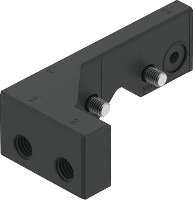 Schwarzes L-förmiges Verbindungselement mit zwei Schrauben und zwei Gewindelöchern, möglicherweise Teil einer mechanischen Konstruktion.