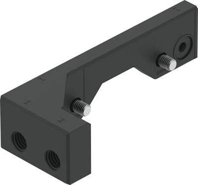 Ein schwarzes, L-förmiges Metallteil mit mehreren Schraubgewinden und Bolzen, zur Befestigung oder Verbindung mechanischer Komponenten.