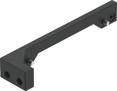 Schwarzer metallischer Befestigungsarm mit L-Form, zwei Schraubenlöchern am kurzen Ende, zwei Schrauben entlang des langen Arms.