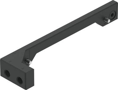 Dunkles, L-förmiges Metallteil mit Gewindebohrungen und Bolzen, möglicherweise ein Befestigungselement oder eine Halterung.
