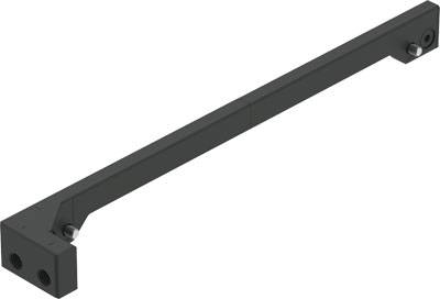 Ein langer, dunkler Metallarm mit zwei Bohrungen an einem Ende, möglicherweise ein Teil einer größeren Maschinen- oder Konstruktionsanordnung.