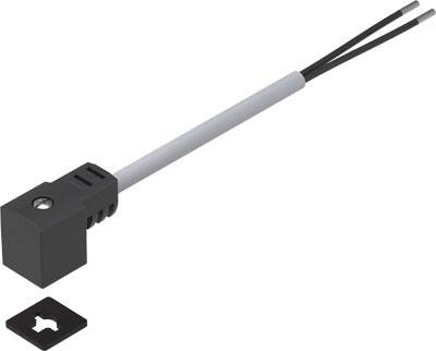 Schwarzer elektrischer Stecker mit zwei grauen Kabeln und einer Befestigungsplatte.
