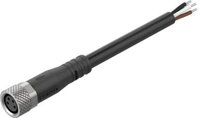 Schwarzes, rundes Kabel mit grauem Metallstecker auf einer Seite und drei freiliegenden Drähten (braun, blau, schwarz) auf der anderen.