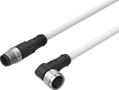 Kabel mit zwei dreipoligen Steckverbindern, einer gerade und der andere abgewinkelt. Geeignet für industrielle Anwendungen.