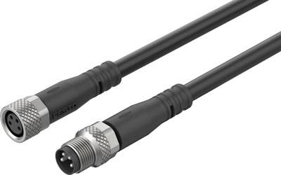 Ein schwarzes Kabel mit zwei Steckern an den Enden, einem männlichen und einem weiblichen Anschluss, geeignet für industrielle Anwendungen.
