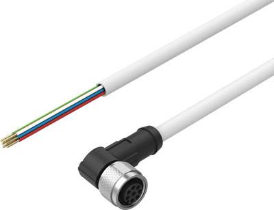 Ein abgewinkelter Kabelstecker mit freiliegenden Adern in den Farben Weiß, Grün, Blau und Rot. Geeignet für industrielle Anwendungen.