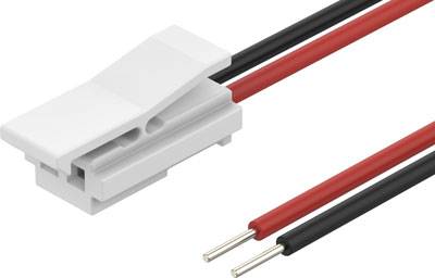 Ein weißer LED-Streifen-Verbinder mit zwei herausragenden Drähten, einem roten und einem schwarzen, zur Stromversorgung von LED-Leisten.