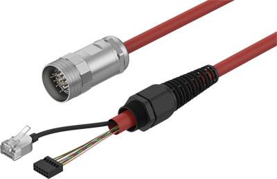 Zwei Kabel mit Steckverbindern: Ein rundes, silbernes mit mehreren Pins und ein rotes mit mehreren kleinen, farbigen Drähten.