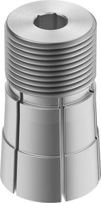 Silbernes, zylindrisches Maschinenteil mit Rillen und einer Öffnung oben. Verwendet in Maschinen oder Motoren zur Befestigung.