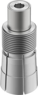 Metallisches Maschinenteil mit zylindrischem Gewinde und mehreren Einschnitten an der Unterseite.