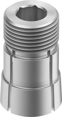 Metallbauteil mit Gewinde, zylindrischer Form und Auskerbungen. Verwendung in mechanischen oder industriellen Anwendungen möglich.