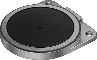 Rundes, flaches Metallbauteil mit zwei Befestigungslöchern, möglicherweise ein Teil eines technischen Geräts.