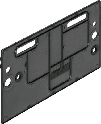 Eine schwarze Kunststoffplatte mit mehreren rechteckigen und runden Aussparungen, möglicherweise eine Abdeckung für eine technische Anwendung.