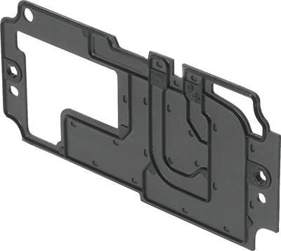 Dichtungsplatte aus schwarzem Material, rechteckig geformt mit Aussparungen und Löchern für Montagezwecke.