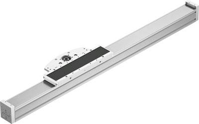 Langer, grauer lineare Schlitten mit einer zentralen beweglichen Plattform. Wahrscheinlich Teil eines mechanischen Führungssystems.