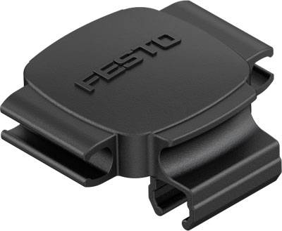 Kunststoffklemme mit eingraviertem 'FESTO'-Logo, geeignet für die Befestigung von Objekten.