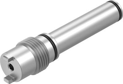 Ein metallischer zylindrischer Stab mit geriffeltem Ende und zwei Gummiringen. Wahrscheinlich ein mechanisches Bauteil.