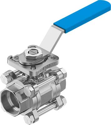 Silbernes Kugelventil mit blauem Hebel, besteht aus Metall, zeigt technische Details und Bauweise.