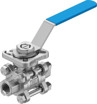 Ein vierteiliger Kugelhahn aus Metall mit blauem Hebelgriff. Geeignet für die Steuerung des Flüssigkeitsflusses in Rohrleitungen.