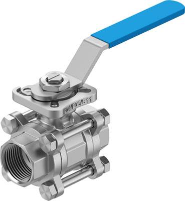 Ein silbernes Kugelventil mit blauem Griff aus Edelstahl, geeignet zur Steuerung des Flüssigkeitsflusses in Rohrsystemen.