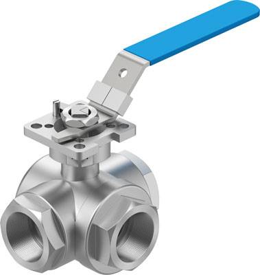 Ein dreifach verbindbares Kugelventil aus Metall mit blauem Hebelgriff zur Steuerung des Flüssigkeits- oder Gasflusses in Rohrleitungen.