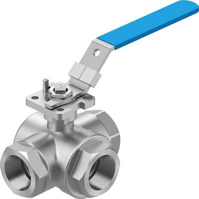 Ein dreifach verschraubbares Edelstahlkugelhahnventil mit einem blauen Hebelgriff, das in einem hydraulischen System verwendet wird.