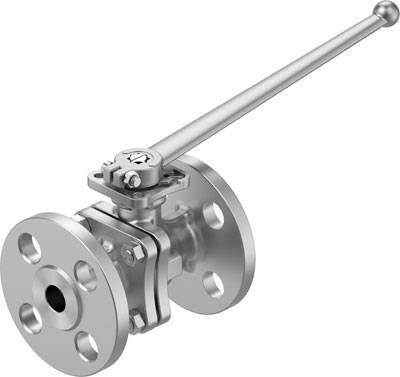 Ein silbernes Kugelventil mit langem Hebel, das zur Steuerung des Flüssigkeitsflusses in Rohrleitungen verwendet wird.