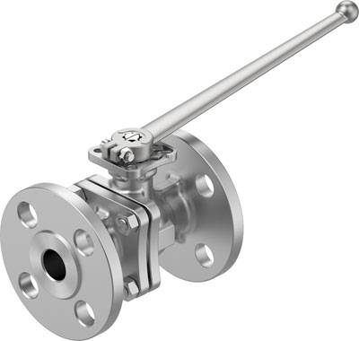 Silbernes Kugelventil aus Metall mit einem langen Hebel an der Oberseite, auf weißem Hintergrund.