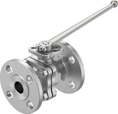 Kugelhahn aus Edelstahl mit langem Hebel, dargestellt in seitlicher Ansicht. Geeignet für industrielle Anwendungen und Rohrleitungssysteme.