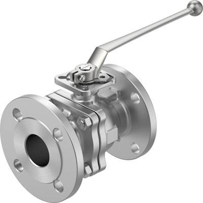 Metallkugelhahn mit Hebelgriff, verwendet zur Regelung von Flüssigkeits- oder Gasdurchfluss, dargestellt in geschlossenem Zustand.