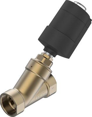 Ein schräg angeordnetes Messingventil mit einem schwarzen, zylindrischen Aktuator oben montiert, vermutlich zur Steuerung von Flüssigkeitsflüssen.