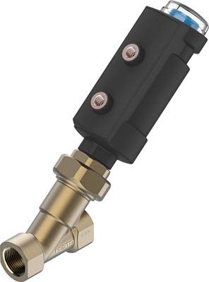 Automatisches Ventil mit Winkelanschluss aus Messing und schwarzem Gehäuse. Engenhariautomatisierungskomponente für Rohrsysteme.