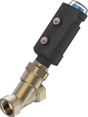 Ein Fittingsventil aus Metall mit schwarzer Gehäuseabdeckung und blauer Kappe auf der Oberseite, geeignet für industrielle Anwendungen.