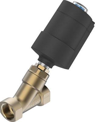 Ein metallisches Winkelventil mit schwarzem Gehäuse und blauem Anschluss, verwendet zur Steuerung von Flüssigkeits- oder Gasflüssen.