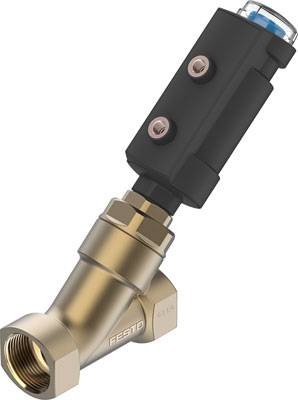 Abgewinkeltes Ventil mit Metallgehäuse und schwarzem Kunststoffantrieb