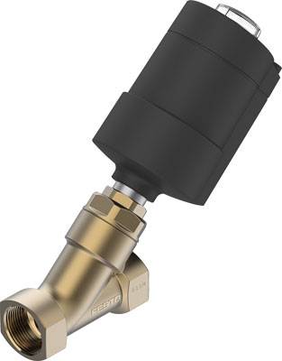 Schrägsitzventil aus Metall mit schwarzem Antrieb, zur Steuerung von Flüssigkeiten, dargestellt in seitlicher Ansicht.