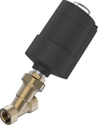 Ein schräges Absperrventil mit einem schwarzen Gehäuse und einem metallischen Anschlussstück, geeignet für industrielle Anwendungen.