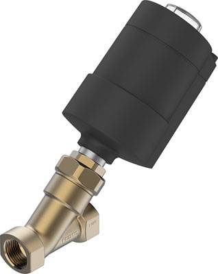 Messing-Winkelsitzventil mit schwarzem elektrischem Aktuator, geeignet für Steuerungsanwendungen in industriellen Prozessen.