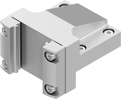 Metallwinkelstück, bestehend aus zwei geflanschten Elementen, die mit je drei Schrauben befestigt sind. Geeignet für mechanische Verbindungen.