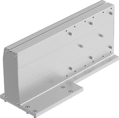 Metallisches Bauteil mit mehreren verschraubten Platten und Montageöffnungen, möglicherweise Teil einer größeren mechanischen Struktur.